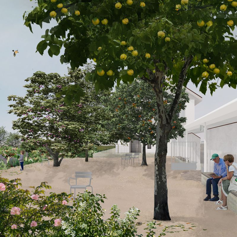 Arealgestaltung Mariastein – Ein Klosterplatz als Gastgeber – Der Hortus Conclusus: Ein naturnaher, geschützter Aufenthaltsort mit Naschbeet und schattenspendenden Obstbäumen – Atelier Ehrenklau Hemmerling GmbH